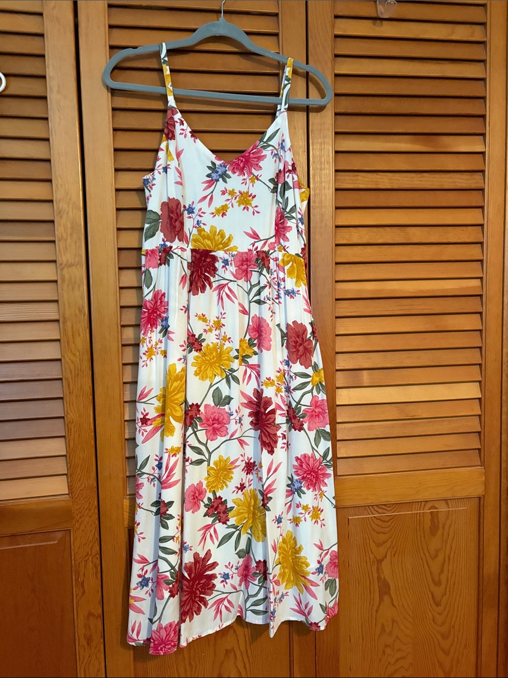 Old Navy White Floral Midi Dress with Pink and Yellow Blooms